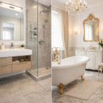 Modern bathroom with floating vanity and glass shower next to classic bathroom with freestanding tub and ornate fixtures, showcasing design comparison by Danish Jafri Bath Designs.